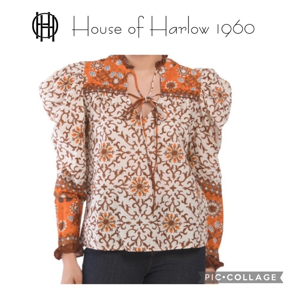 House of Harlow 1960 Long Sleeve Puff Shoulder Blouse bohemian print size XS NWT